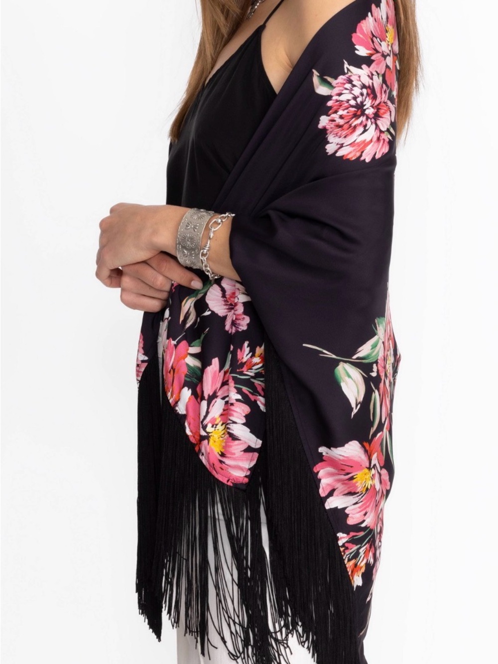 JW Floral Black Fringe Shawl Wrap - Women Accessories